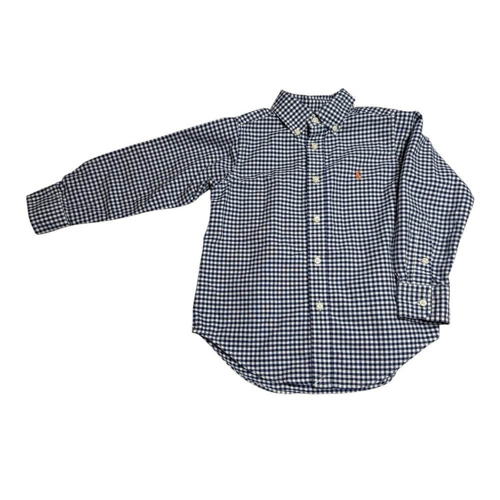 Boys Ralph Lauren Sz 4/4T Blue White Check Button Down Shirt Long Sleeve Orange